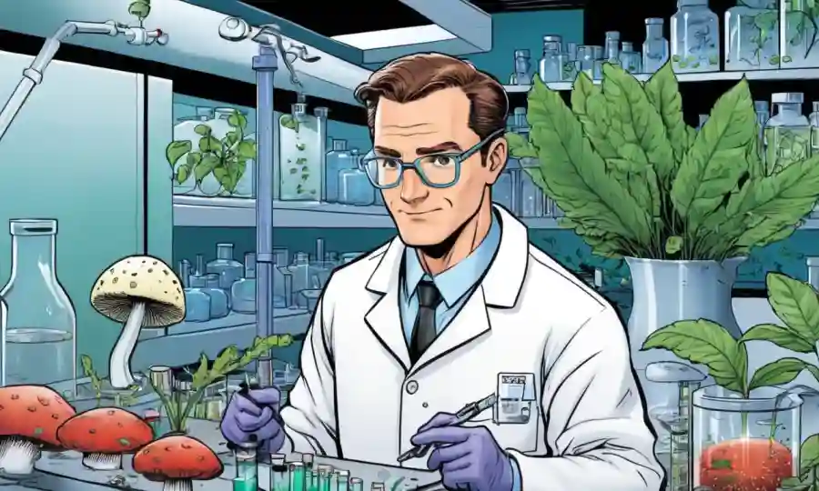 Científica en capa de laboratorio trabajando en equipo de microbiología, con muestras de plantas y hongos cercanos.