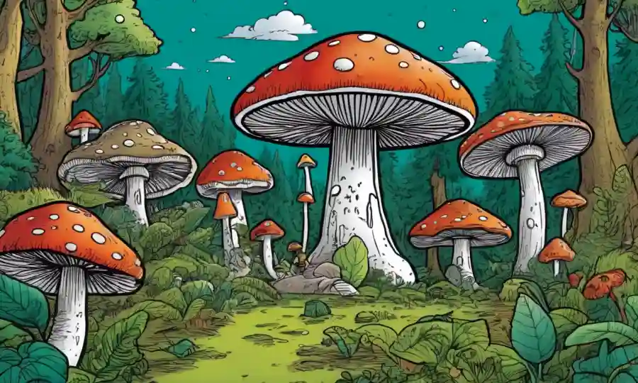 Un bosque de hongos rodeado de gráficos y diagramas sobre sostenibilidad.