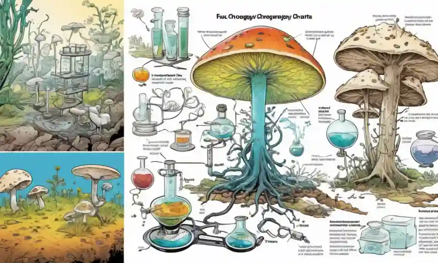 Equipos científicos y gráficos ilustran el proceso de cromatografía identificando especies de hongos.
