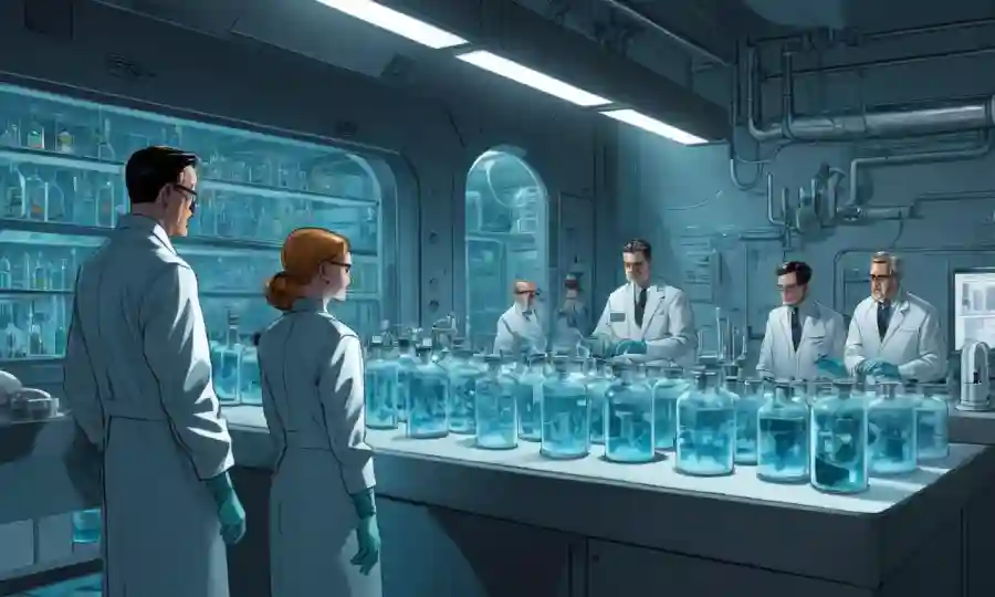 Una escena de laboratorio futurista con tanques de fermentación y científicos analizando datos.