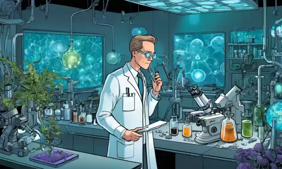 Científico en un laboratorio rodeado de microscopios y equipos futuristas, investigando plantas medicinales.