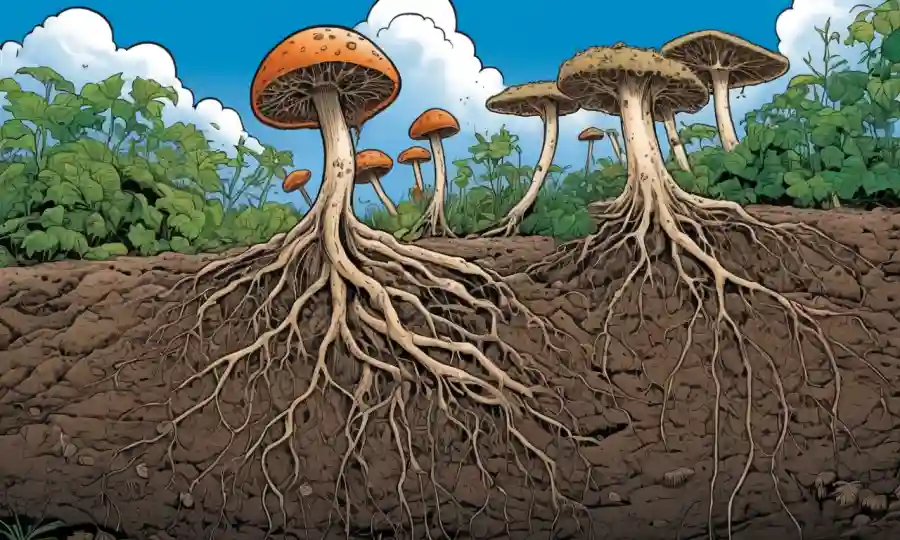 Una ilustración de hongos endofiticos creciendo en raíces vegetales con imágenes de prácticas agrícolas sostenibles en el fondo.
