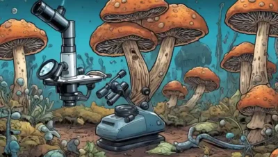 Un microscopio muestra varios hongos afectados por la contaminación con símbolos de alarma cercanos.