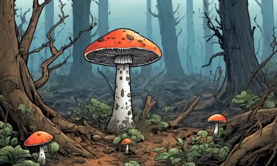 Un hongo creciendo en medio de la contaminación en un ecosistema forestal con árboles dañados.