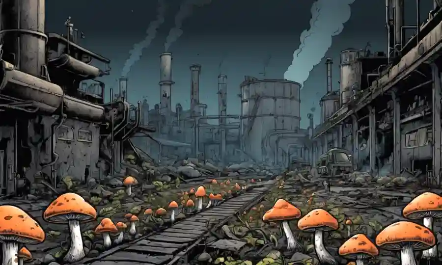 Fungi creciendo en medio de la contaminación industrial en un ambiente urbano oscuro.