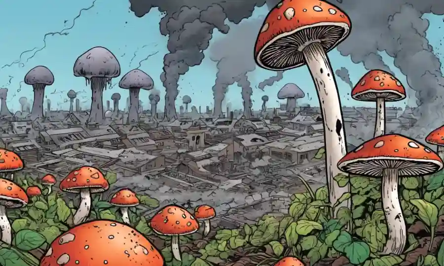 Un cultivo de hongos en medio de la contaminación, destacando su papel como indicador ambiental.