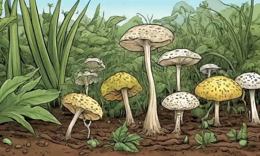 Espaciar y esporas en ecosistemas de suelo con especies vegetales variadas.