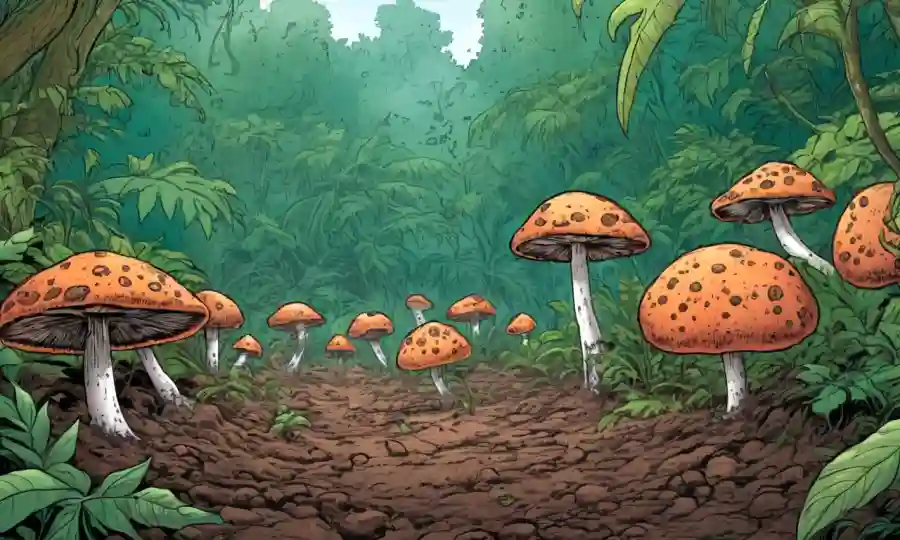 Esporas fúngicas de tamaño micrométrico que caen sobre el suelo en medio de vegetación exuberante.