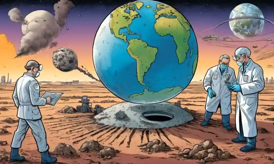 Una tierra futurista con advertencias de contaminación y científicos analizando muestras de suelo.