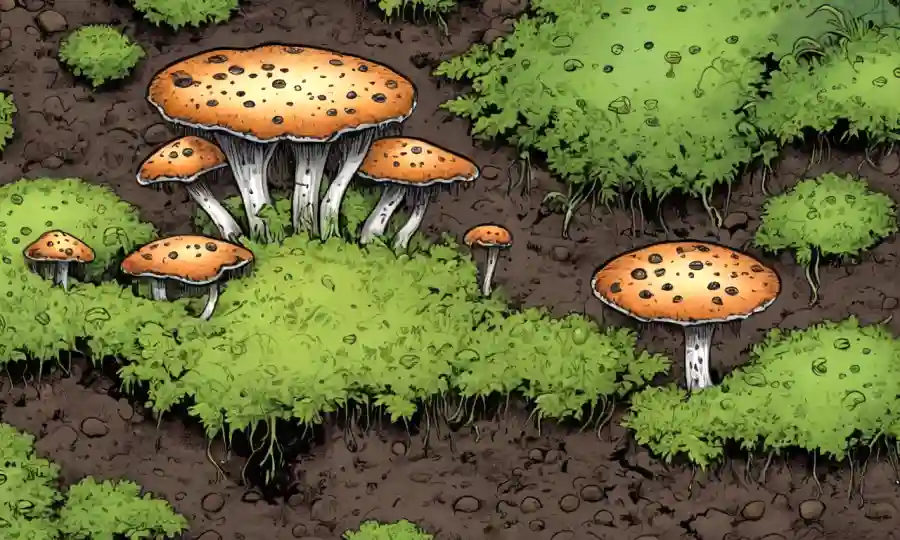Imagen que representa esporas fúngicas en el suelo con vegetación creciente.
