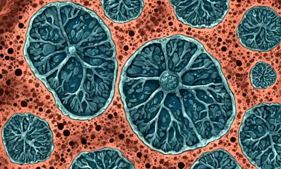 Imagen microscópica de esporas de moho rodeadas de pulmones con signos de enfermedad respiratoria.