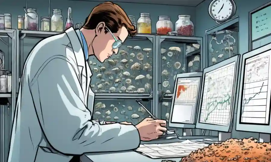 Una persona mirando mapas de datos médicos con antecedentes de crecimiento de hongos o equipo de laboratorio.