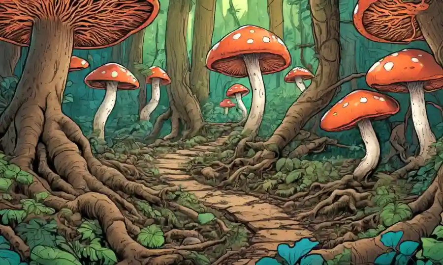 Ilustración de hongos conectados a raíces de árboles en un ecosistema forestal vibrante.