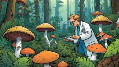 Un científico recolectando muestras de hongos en medio de una vida vegetal diversa en un bosque.