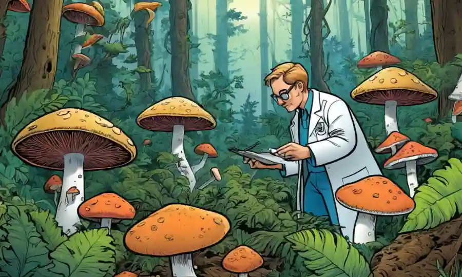 Un científico recolectando muestras de hongos en medio de una vida vegetal diversa en un bosque.