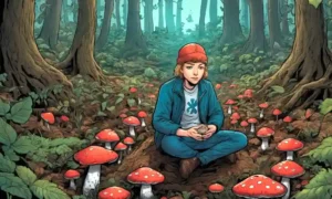 Una persona sentada en una planta forestal cubierta de hongos con hojas y símbolos médicos entrelazados.