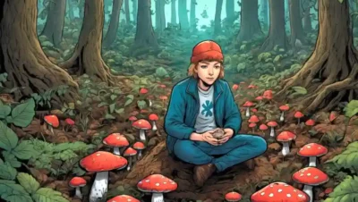 Una persona sentada en una planta forestal cubierta de hongos con hojas y símbolos médicos entrelazados.
