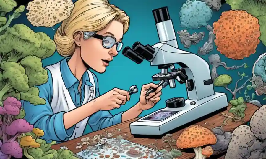 Fungi e ilustraciones de salud que rodean a una persona que estudia una muestra de microscopio.