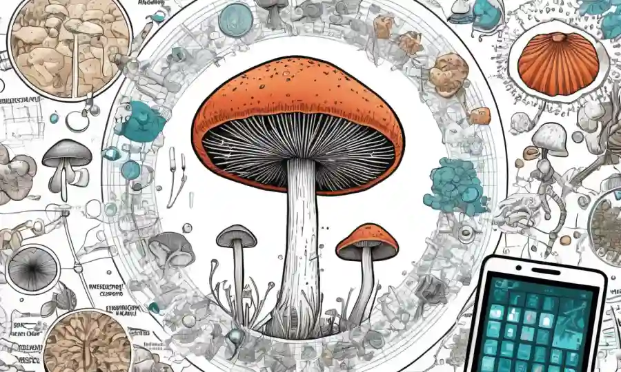 Imagen microscopio de hongos rodeados de gráficos e iconos de datos de salud pública.