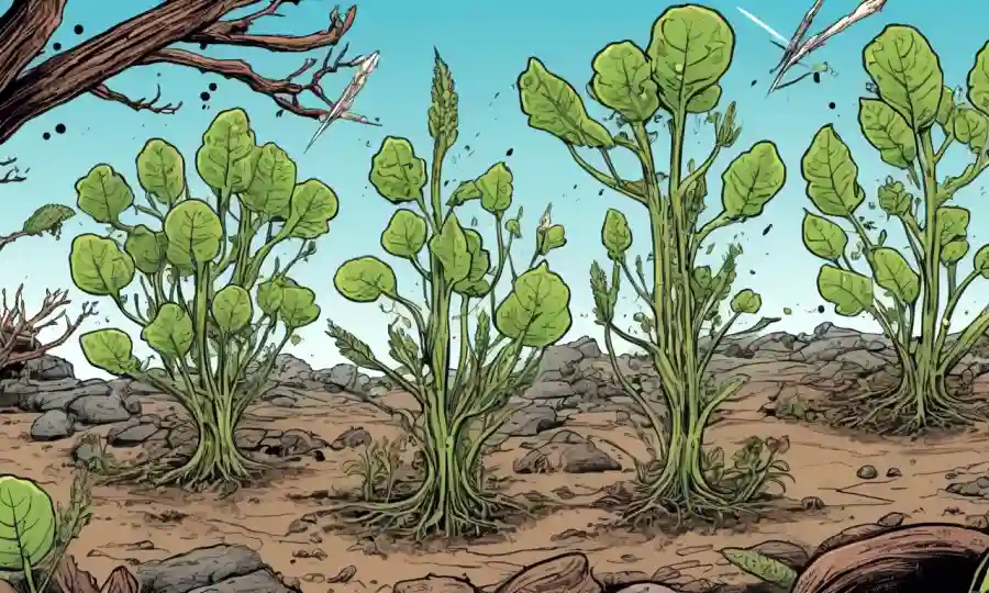 Representación estilizada de plantas estresadas con flechas que apuntan a endofitas microbianas.