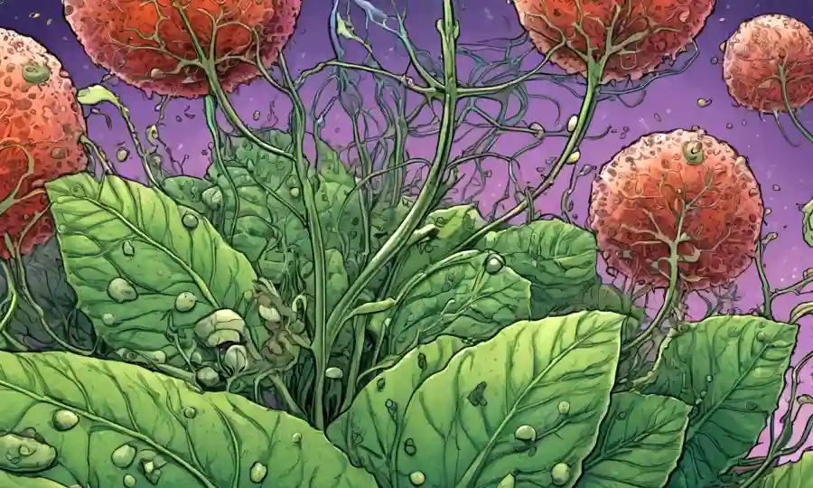 Organismos endofiticos microscópicos que crecen dentro de los tejidos vegetales con estresantes ambientales en el fondo.