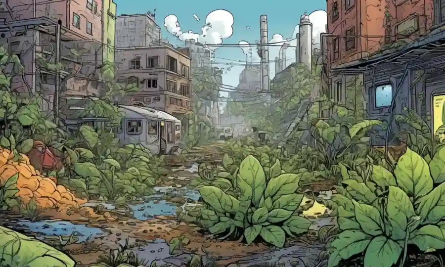 Una ilustración científica de interacciones vegetales y microbianas en medio de un entorno urbano contaminado.
