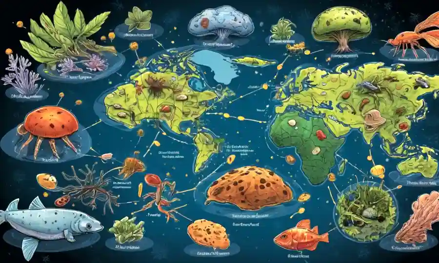 Una ilustración de varias especies interactuando a través de redes de alimentos, destacando el papel de las esporas como conectores entre diferentes organismos.