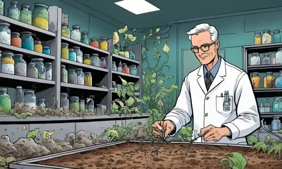 Científico en laboratorio o campo, rodeado de hongos y muestras de suelo.