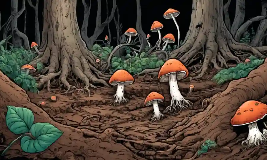 Las raíces de hongos crecen entre los escombros del suelo con bulbos de plantas.
