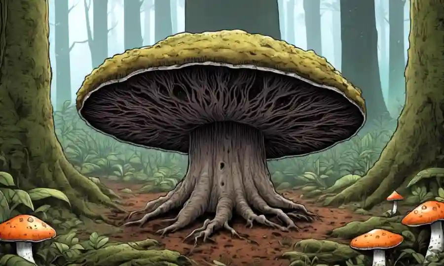 Un tronco de árbol cubierto de hongos rodeado de suelo forestal.