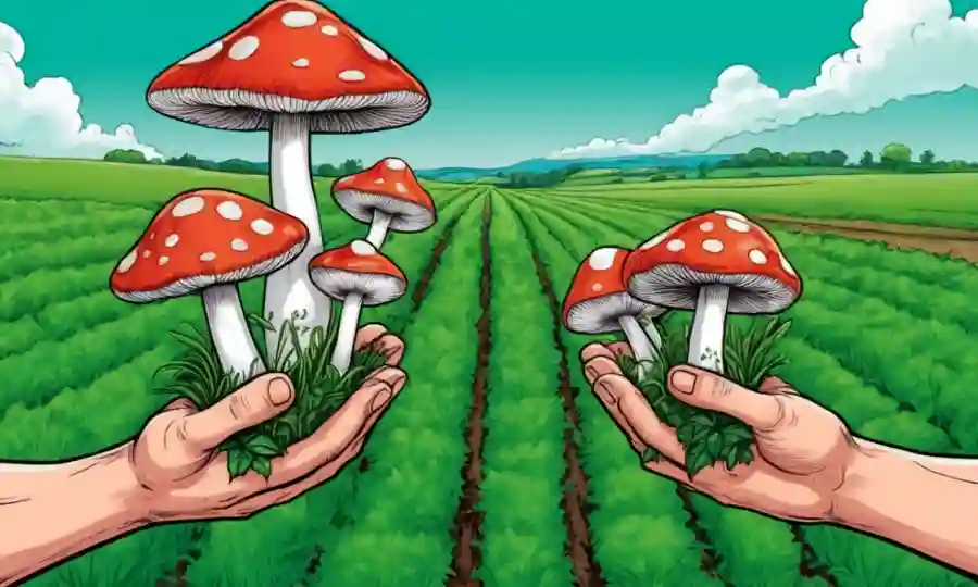 Las manos de los agricultores sostienen hongos junto a un campo verde próspero.