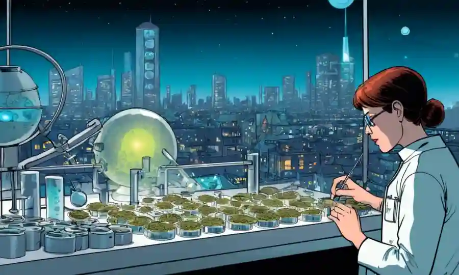 Persona coleccionando y examinando esporas en un laboratorio con un futurista paisaje urbano en el fondo.