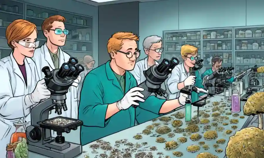 Los investigadores se reunieron alrededor de microscopios examinando esporas fúngicas en un entorno de laboratorio.