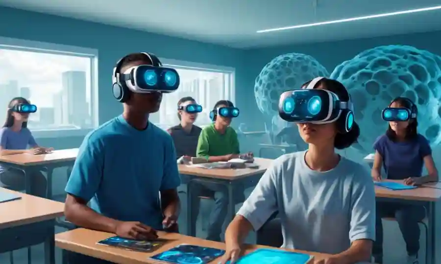 Una escena futurista de aulas con estudiantes que aprenden sobre esporas mientras usan auriculares de realidad virtual.