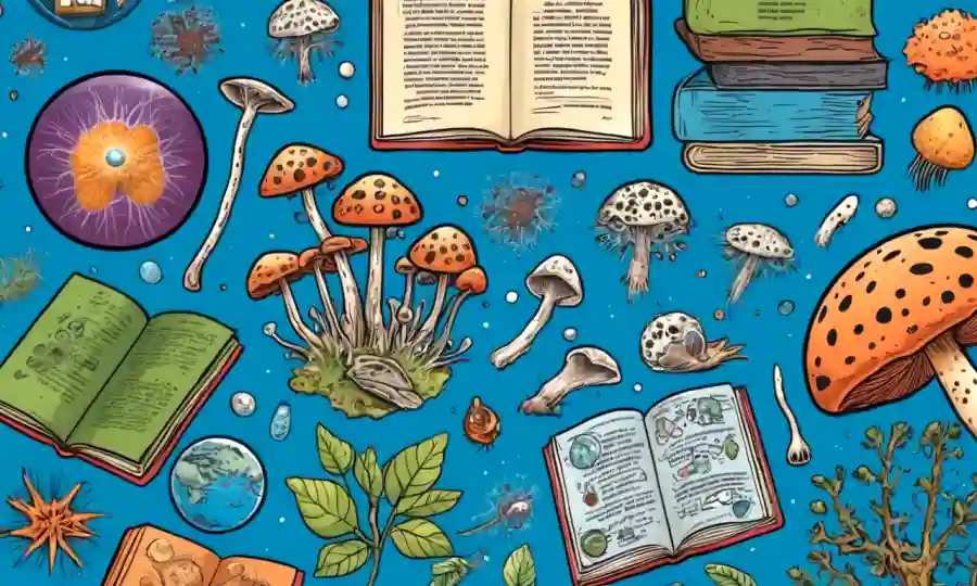 Imagen con esporas fúngicas rodeadas de iconos educativos (por ejemplo, libros, estudiantes) y diagramas científicos.