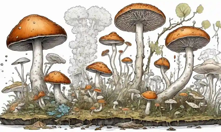Fungi descompone la materia orgánica, con diagramas e ilustraciones científicas.