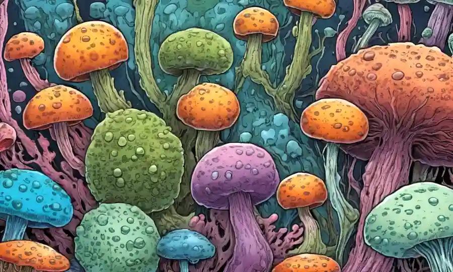 Imagen de cerca de varias estructuras de hongos microorganismo.