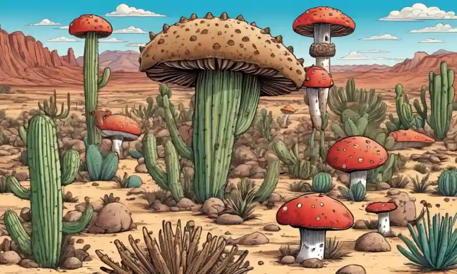 Setas creciendo en medio de cactus en un paisaje desierto, con una variedad diversa de especies fúngicas.