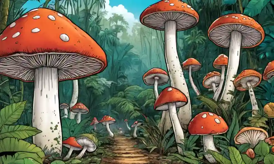 Ilustración de varias especies de hongos que prosperan en ecosistemas forestales tropicales.