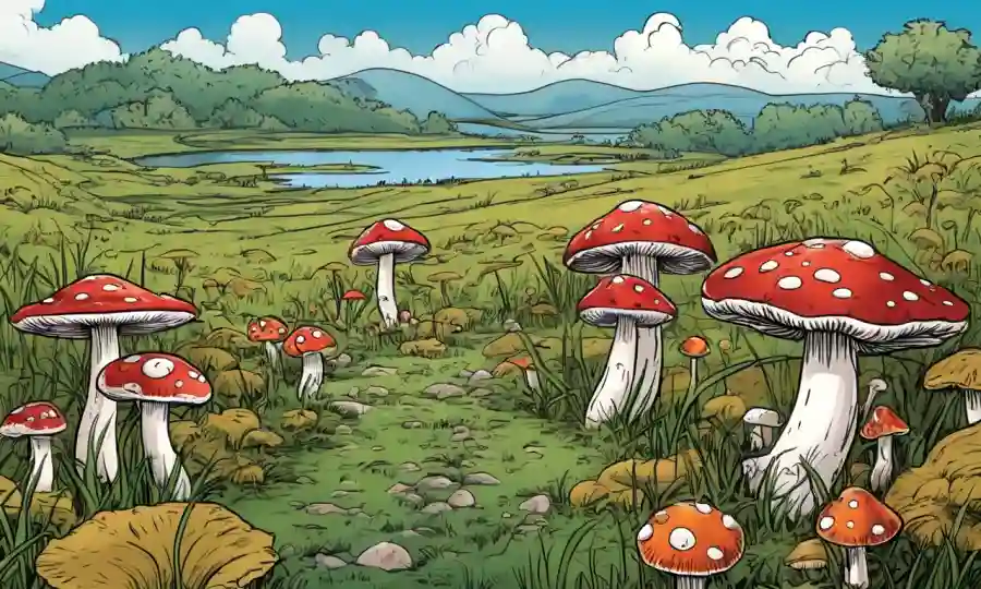 Una variedad de hongos que crecen en varias praderas y prados con detalles de paisaje de fondo.
