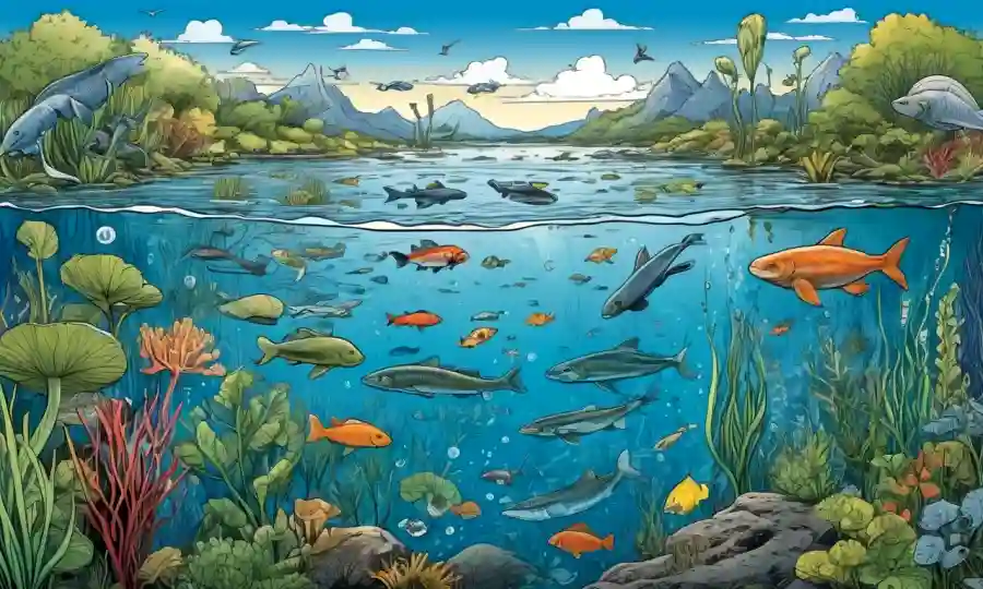 Mural ilustrando varios ecosistemas acuáticos con plantas de agua y vida acuática rodeada de diagramas científicos.