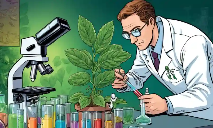 Científico examinando una muestra de planta bajo un microscopio con tubos de ensayo etiquetados compuestos endofiticos.