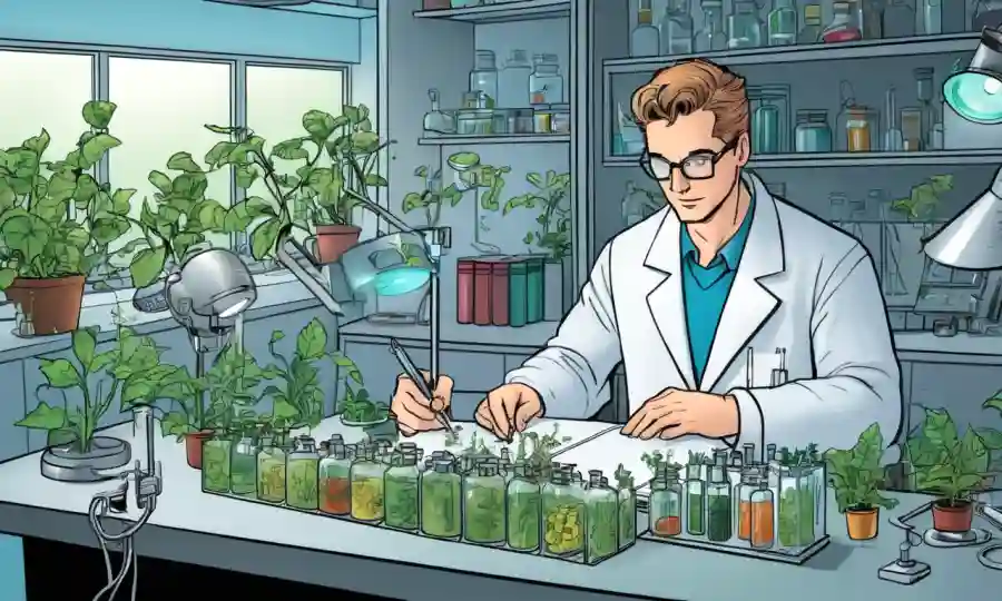 Científico en un laboratorio que estudia muestras de plantas y analiza datos.