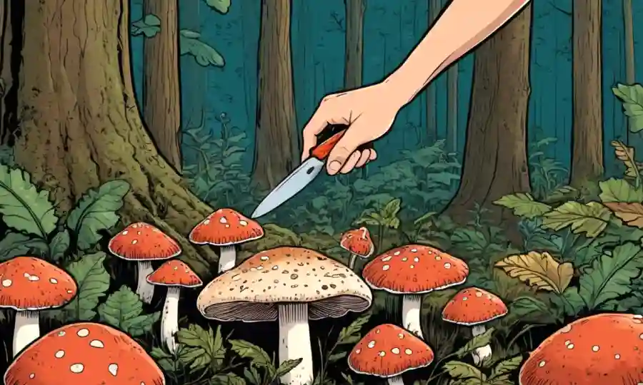 Una persona corta cuidadosamente un hongo silvestre en un bosque, con varios orígenes de especies de hongos comestibles.
