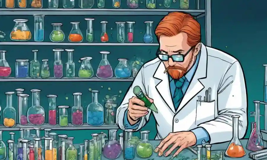 Científico examinando extractos de hongos en toboganes de laboratorio, rodeado de tubos de prueba y estructuras moleculares.