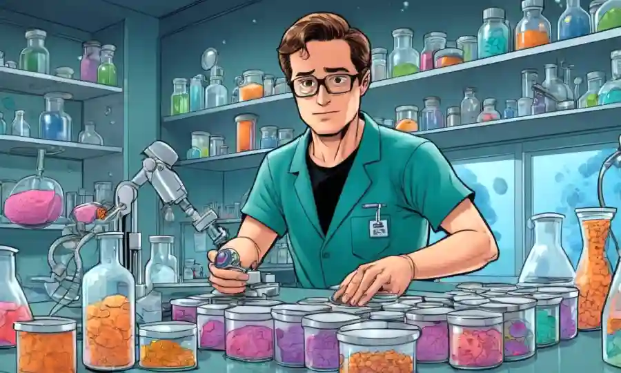 Científico en un laboratorio rodeado de platos y equipos Petri, estudiando descubrimientos farmacéuticos basados en hongos.