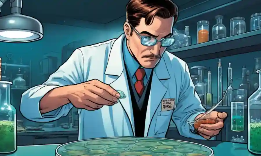 Un científico que examina un plato de petri con hongos en un laboratorio.