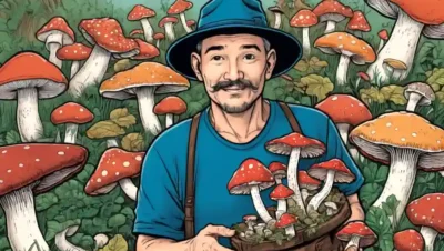 Un coleccionista de hongos que sostiene varios tipos de hongos.
