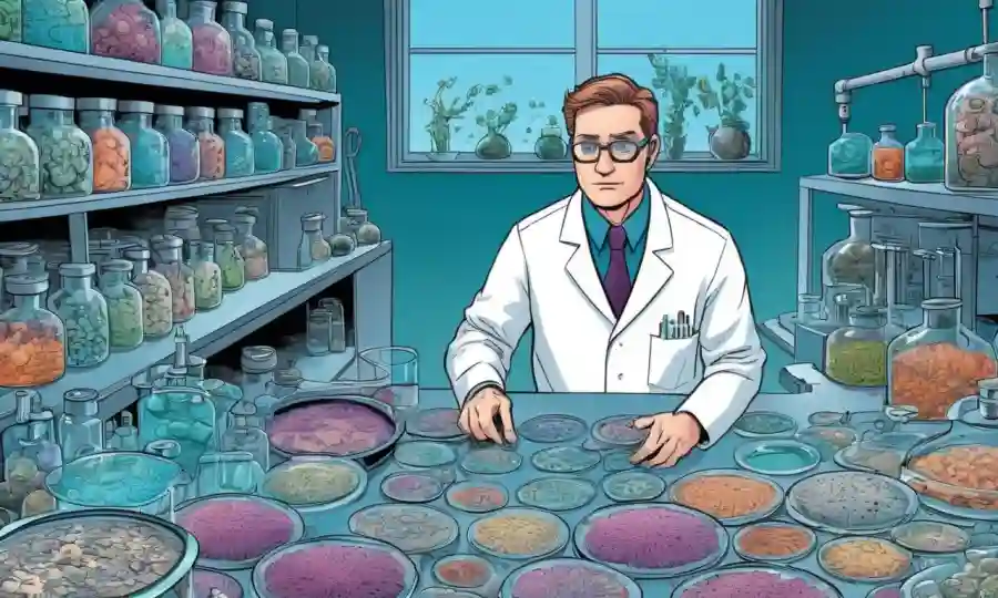 Microbiólogo que trabaja en un laboratorio rodeado de platos petri y cultivos de hongos.