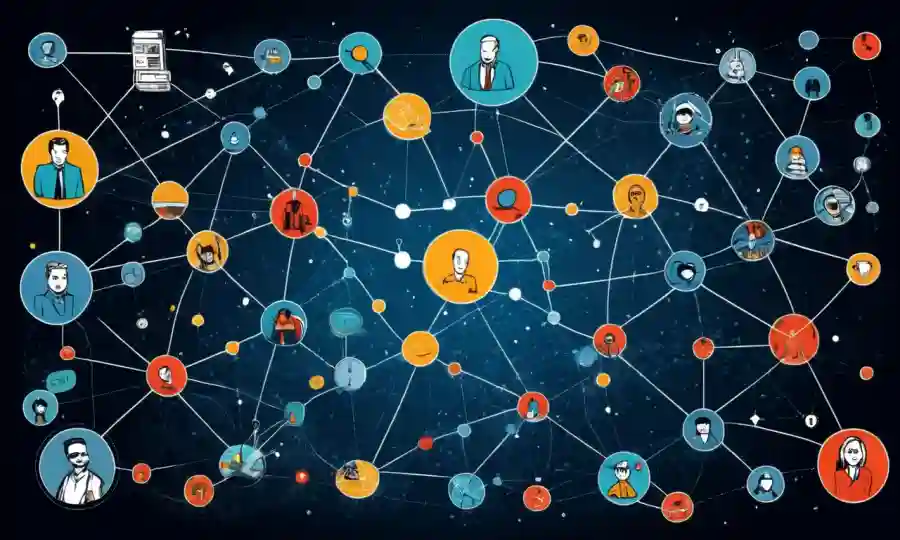 Redes colaborativas esquemáticas con conceptos e iconos interconectados.